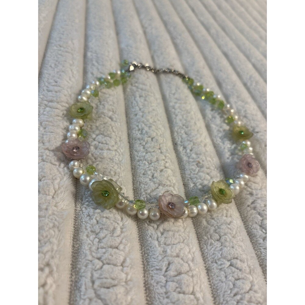 Pearl Crystal Flower Double Strand Choker Necklace Sterling Silver Pink Green